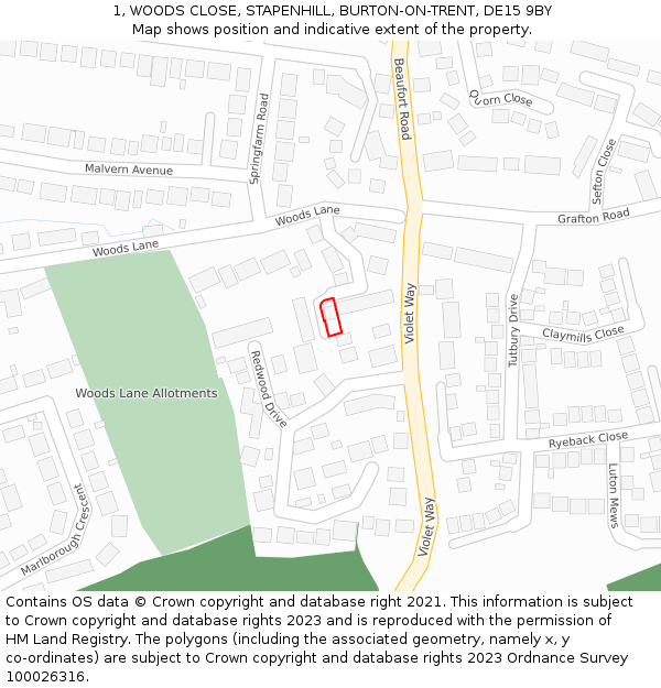 1, WOODS CLOSE, STAPENHILL, BURTON-ON-TRENT, DE15 9BY: Location map and indicative extent of plot