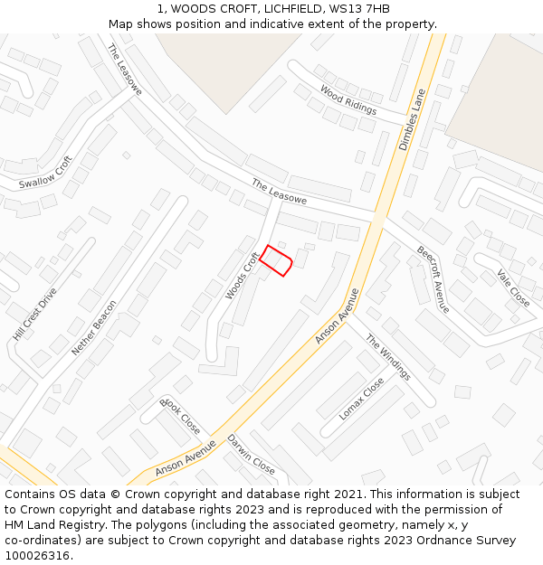 1, WOODS CROFT, LICHFIELD, WS13 7HB: Location map and indicative extent of plot