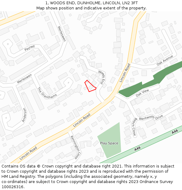 1, WOODS END, DUNHOLME, LINCOLN, LN2 3FT: Location map and indicative extent of plot