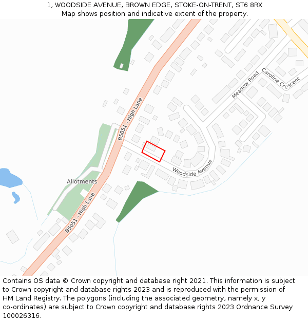 1, WOODSIDE AVENUE, BROWN EDGE, STOKE-ON-TRENT, ST6 8RX: Location map and indicative extent of plot