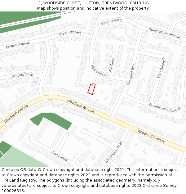 1, WOODSIDE CLOSE, HUTTON, BRENTWOOD, CM13 1JG: Location map and indicative extent of plot