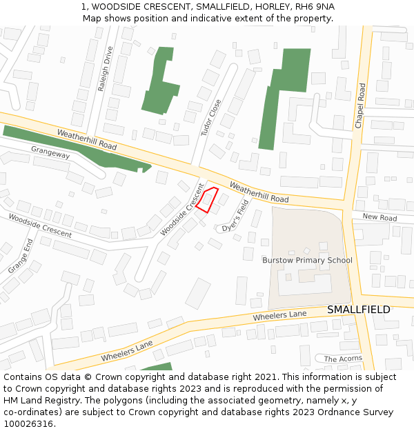 1, WOODSIDE CRESCENT, SMALLFIELD, HORLEY, RH6 9NA: Location map and indicative extent of plot