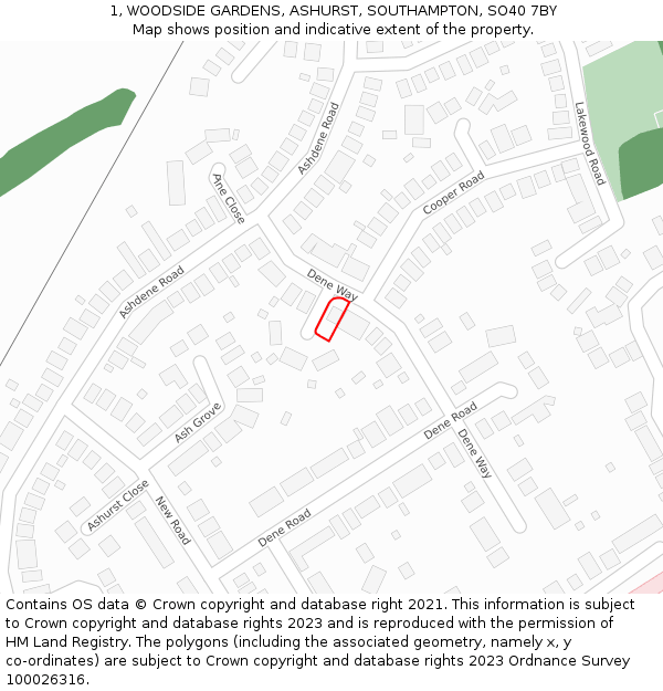 1, WOODSIDE GARDENS, ASHURST, SOUTHAMPTON, SO40 7BY: Location map and indicative extent of plot