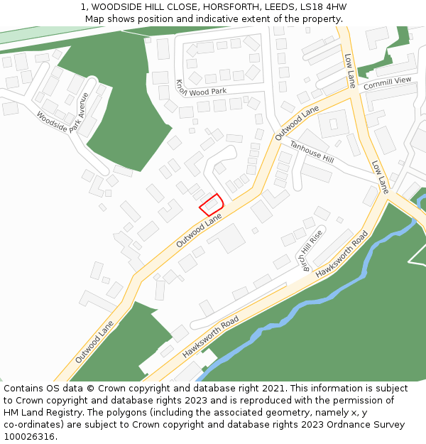 1, WOODSIDE HILL CLOSE, HORSFORTH, LEEDS, LS18 4HW: Location map and indicative extent of plot