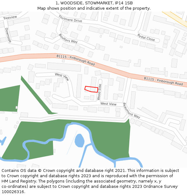 1, WOODSIDE, STOWMARKET, IP14 1SB: Location map and indicative extent of plot