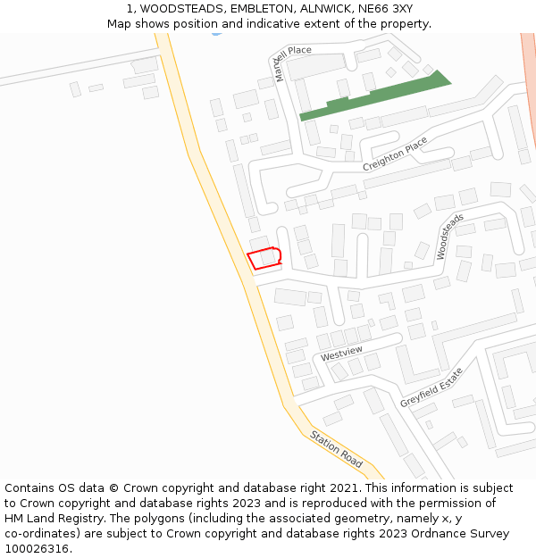 1, WOODSTEADS, EMBLETON, ALNWICK, NE66 3XY: Location map and indicative extent of plot