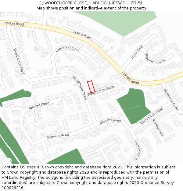 1, WOODTHORPE CLOSE, HADLEIGH, IPSWICH, IP7 5JH: Location map and indicative extent of plot