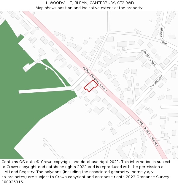 1, WOODVILLE, BLEAN, CANTERBURY, CT2 9WD: Location map and indicative extent of plot