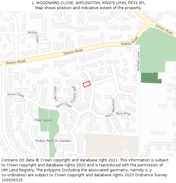 1, WOODWARD CLOSE, WATLINGTON, KING'S LYNN, PE33 0FL: Location map and indicative extent of plot