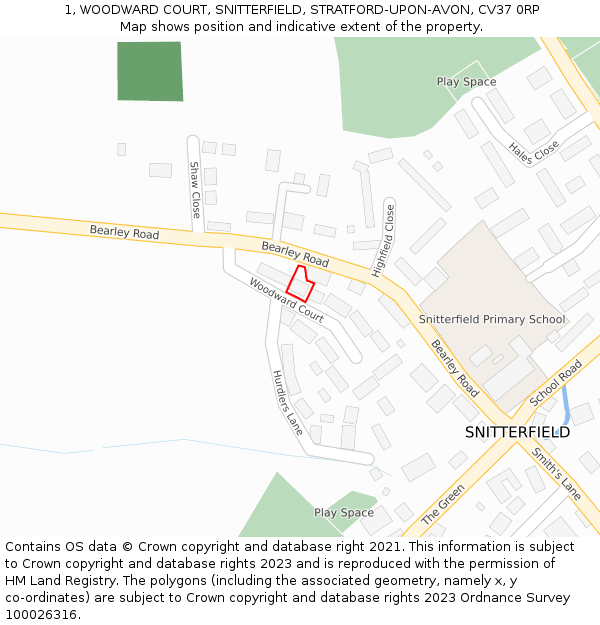 1, WOODWARD COURT, SNITTERFIELD, STRATFORD-UPON-AVON, CV37 0RP: Location map and indicative extent of plot