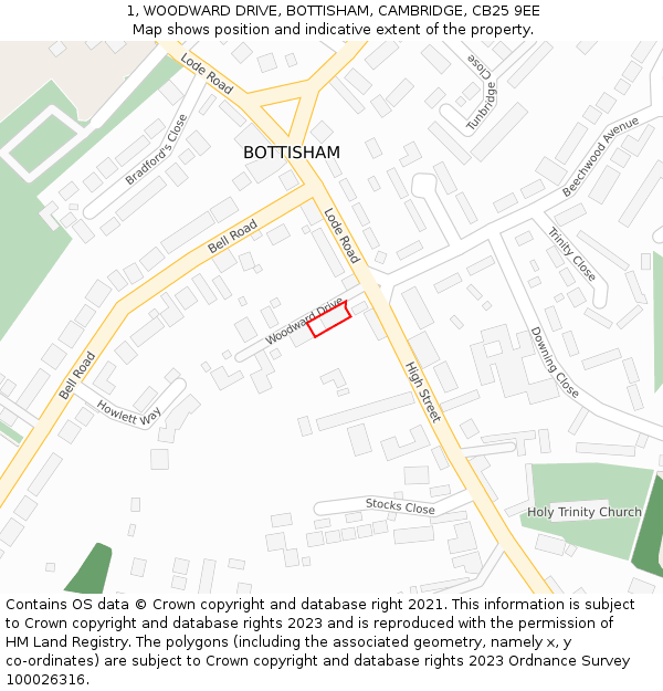 1, WOODWARD DRIVE, BOTTISHAM, CAMBRIDGE, CB25 9EE: Location map and indicative extent of plot