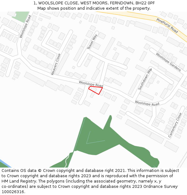 1, WOOLSLOPE CLOSE, WEST MOORS, FERNDOWN, BH22 0PF: Location map and indicative extent of plot