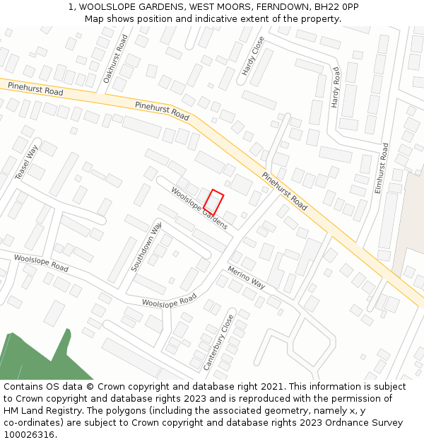 1, WOOLSLOPE GARDENS, WEST MOORS, FERNDOWN, BH22 0PP: Location map and indicative extent of plot