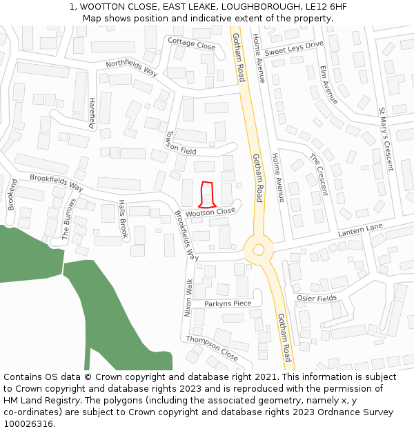 1, WOOTTON CLOSE, EAST LEAKE, LOUGHBOROUGH, LE12 6HF: Location map and indicative extent of plot