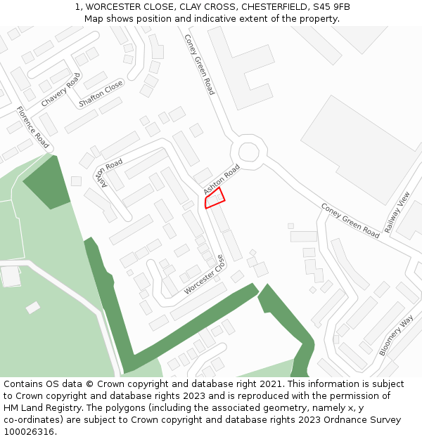 1, WORCESTER CLOSE, CLAY CROSS, CHESTERFIELD, S45 9FB: Location map and indicative extent of plot