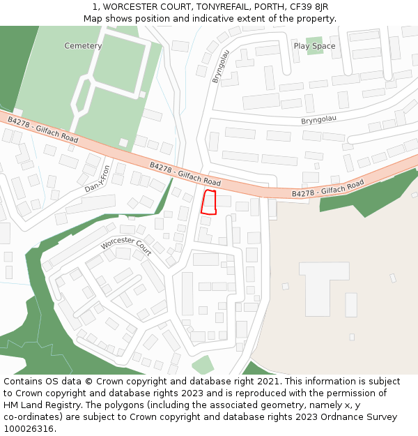 1, WORCESTER COURT, TONYREFAIL, PORTH, CF39 8JR: Location map and indicative extent of plot