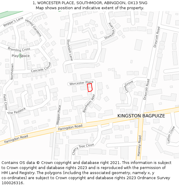 1, WORCESTER PLACE, SOUTHMOOR, ABINGDON, OX13 5NG: Location map and indicative extent of plot
