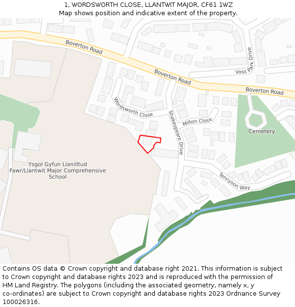 1, WORDSWORTH CLOSE, LLANTWIT MAJOR, CF61 1WZ: Location map and indicative extent of plot