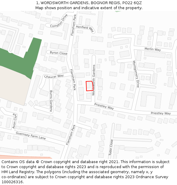 1, WORDSWORTH GARDENS, BOGNOR REGIS, PO22 6QZ: Location map and indicative extent of plot