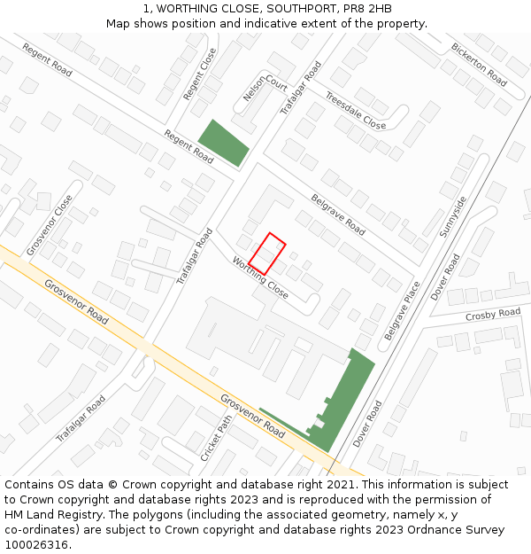 1, WORTHING CLOSE, SOUTHPORT, PR8 2HB: Location map and indicative extent of plot