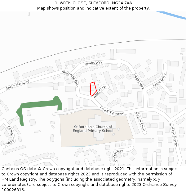 1, WREN CLOSE, SLEAFORD, NG34 7XA: Location map and indicative extent of plot