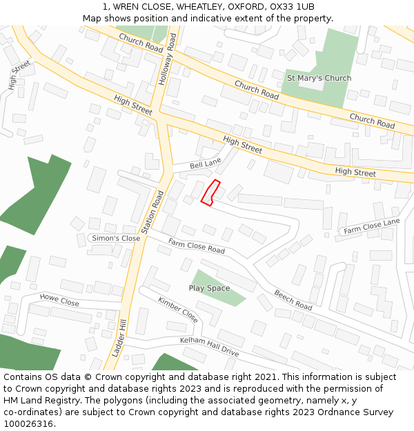 1, WREN CLOSE, WHEATLEY, OXFORD, OX33 1UB: Location map and indicative extent of plot