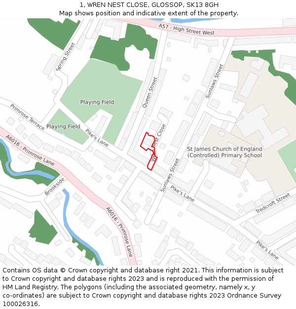 1, WREN NEST CLOSE, GLOSSOP, SK13 8GH: Location map and indicative extent of plot