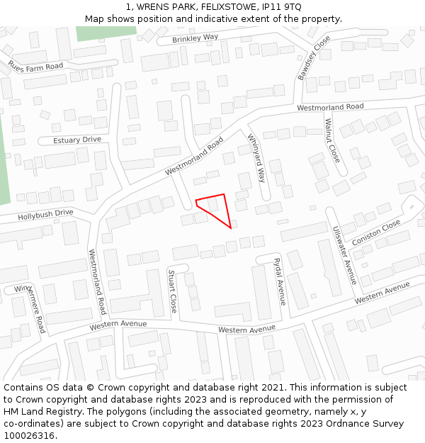 1, WRENS PARK, FELIXSTOWE, IP11 9TQ: Location map and indicative extent of plot