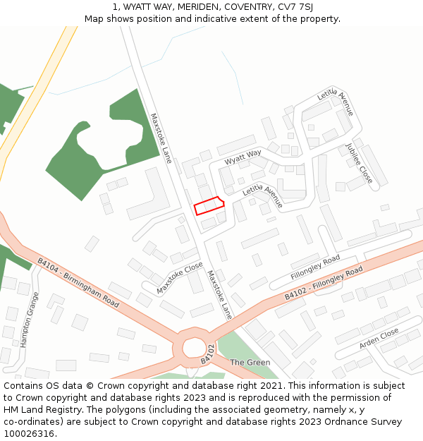 1, WYATT WAY, MERIDEN, COVENTRY, CV7 7SJ: Location map and indicative extent of plot