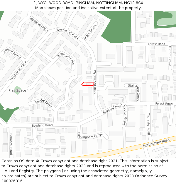 1, WYCHWOOD ROAD, BINGHAM, NOTTINGHAM, NG13 8SX: Location map and indicative extent of plot