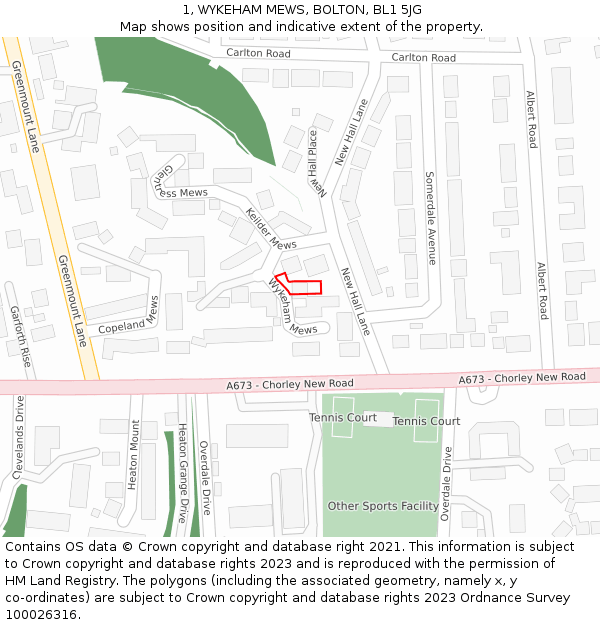 1, WYKEHAM MEWS, BOLTON, BL1 5JG: Location map and indicative extent of plot