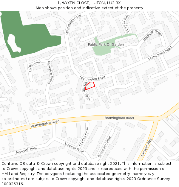 1, WYKEN CLOSE, LUTON, LU3 3XL: Location map and indicative extent of plot