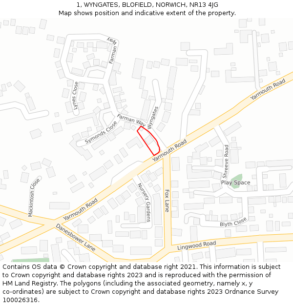 1, WYNGATES, BLOFIELD, NORWICH, NR13 4JG: Location map and indicative extent of plot