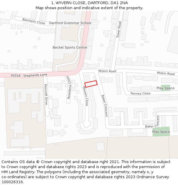 1, WYVERN CLOSE, DARTFORD, DA1 2NA: Location map and indicative extent of plot