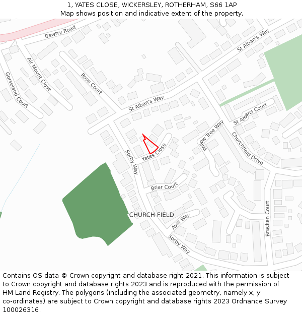 1, YATES CLOSE, WICKERSLEY, ROTHERHAM, S66 1AP: Location map and indicative extent of plot