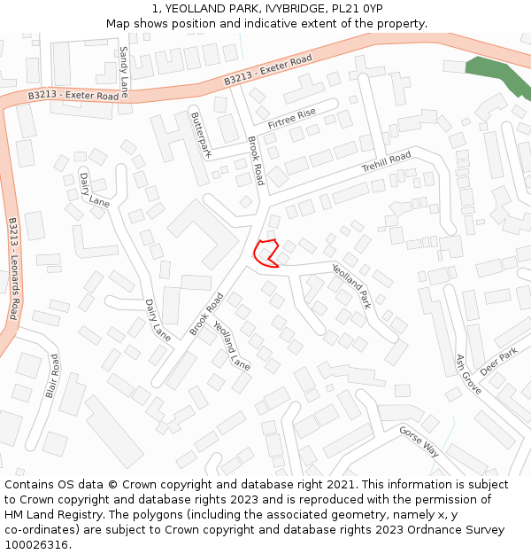 1, YEOLLAND PARK, IVYBRIDGE, PL21 0YP: Location map and indicative extent of plot