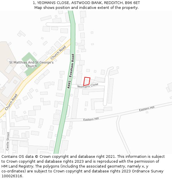 1, YEOMANS CLOSE, ASTWOOD BANK, REDDITCH, B96 6ET: Location map and indicative extent of plot