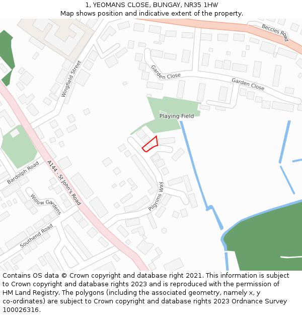 1, YEOMANS CLOSE, BUNGAY, NR35 1HW: Location map and indicative extent of plot