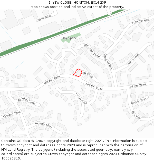 1, YEW CLOSE, HONITON, EX14 2XR: Location map and indicative extent of plot