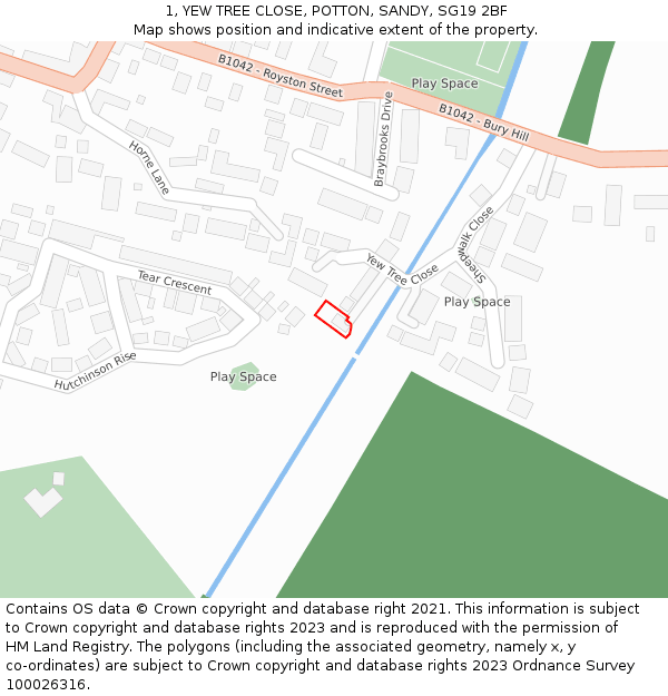 1, YEW TREE CLOSE, POTTON, SANDY, SG19 2BF: Location map and indicative extent of plot