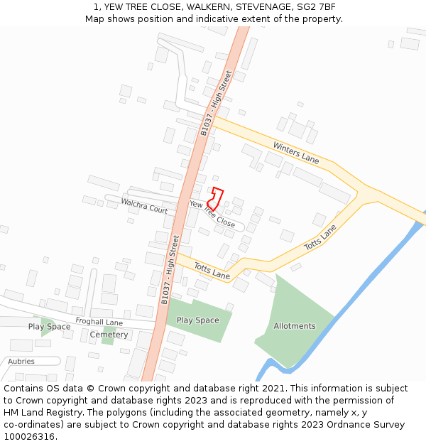 1, YEW TREE CLOSE, WALKERN, STEVENAGE, SG2 7BF: Location map and indicative extent of plot