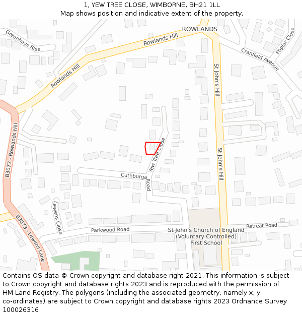 1, YEW TREE CLOSE, WIMBORNE, BH21 1LL: Location map and indicative extent of plot