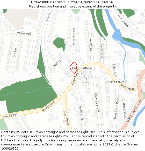 1, YEW TREE GARDENS, CLYDACH, SWANSEA, SA6 5AU: Location map and indicative extent of plot