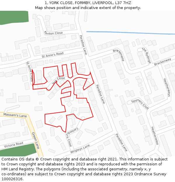 1, YORK CLOSE, FORMBY, LIVERPOOL, L37 7HZ: Location map and indicative extent of plot