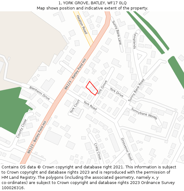 1, YORK GROVE, BATLEY, WF17 0LQ: Location map and indicative extent of plot