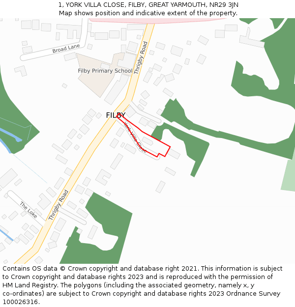 1, YORK VILLA CLOSE, FILBY, GREAT YARMOUTH, NR29 3JN: Location map and indicative extent of plot