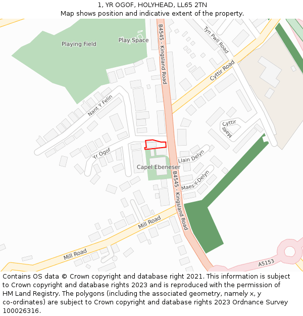 1, YR OGOF, HOLYHEAD, LL65 2TN: Location map and indicative extent of plot