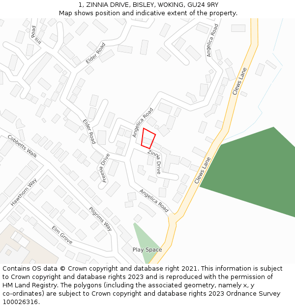 1, ZINNIA DRIVE, BISLEY, WOKING, GU24 9RY: Location map and indicative extent of plot