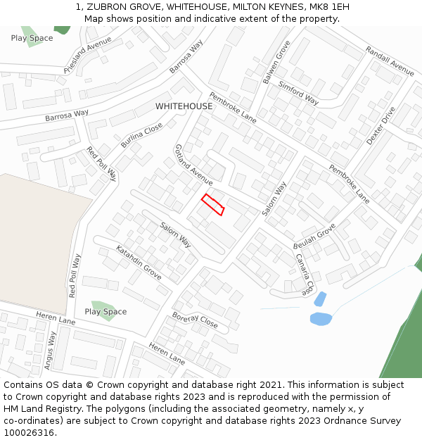 1, ZUBRON GROVE, WHITEHOUSE, MILTON KEYNES, MK8 1EH: Location map and indicative extent of plot