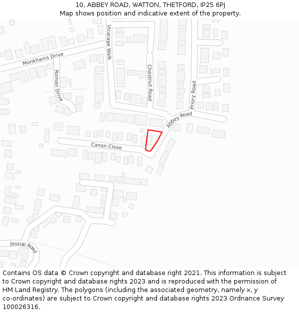 10, ABBEY ROAD, WATTON, THETFORD, IP25 6PJ: Location map and indicative extent of plot